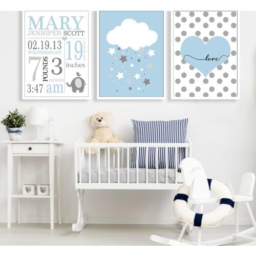 Cartoon Elephant Star Blue Personalized Nursery Decor New Baby Gift Canvas Painting Wall Art Picture Poster Print Boy Room Decor