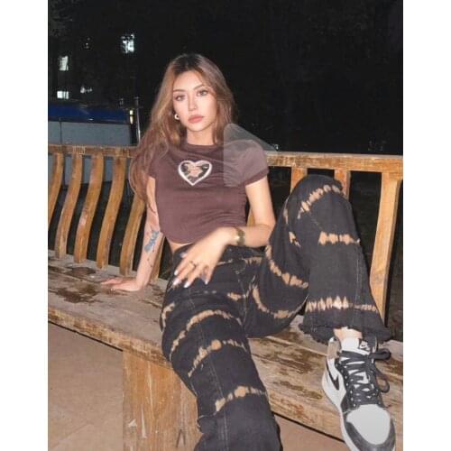 Bellas same denim straight-leg pants high-waist retro tie-dye casual contrast trousers ~ spicy and thin love