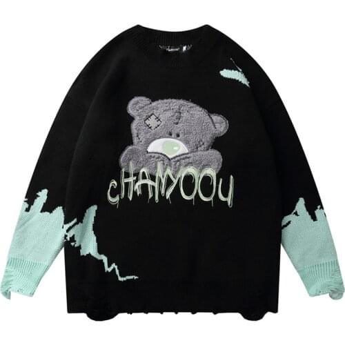 Cartoon Bear Embroidery Pullover men Contrast stitching Knitted Jumpers Sweaters Streetwear Knitwear Man Fashion Trend Loose Top