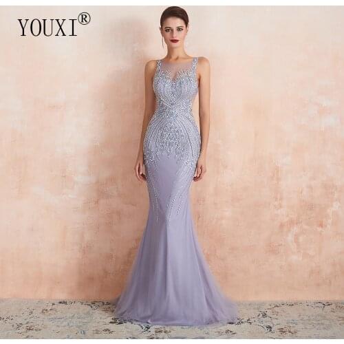 YOUXI Luxury Beaded Crystal Evening Dresses 2020 Sexy Sheer Neck Lavender Mermaid Formal Prom Gowns for Women Sleeveless