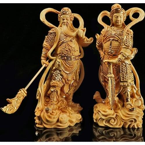 Boxwood 12cm 18cm Guan Gong Sculpture Wood Skanda Samgharama Painted Gold Buddha Statue Door God Worship Home Decor