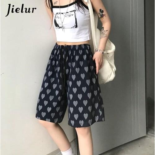 Jielur Black Shorts for Women Oversize Casual Drawstring Adjustable Five-point Midi Shorts Love Pattern Loose Woman Shorts M-XL