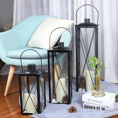 Modern Metal Black Large Candlestick Outdoor Retro Glass Wind Lantern Home Candle Holder Decoration Wedding Shooting Props
