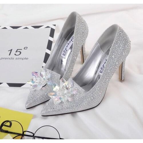 European Wedding Shoes Female White Drill Rhinestone Crystal Shoes Stiletto Pointed Red Bridal Shoes Fashion High Heels