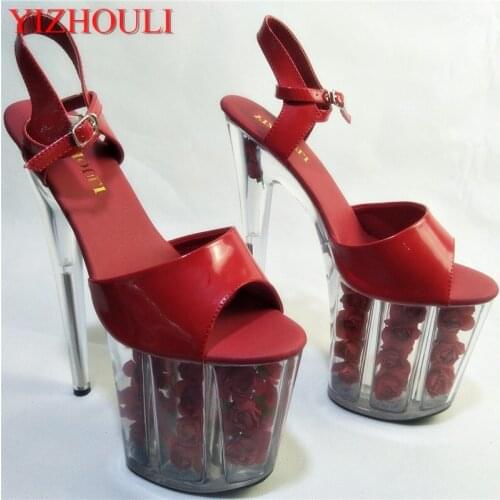 Sexy height 20 cm super plastic PU surface, rose decoration waterproof platform, wedding shoes, transparent modeling dance shoes