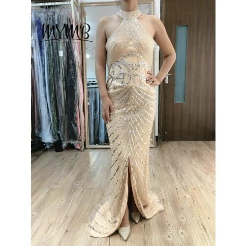 Halter Neck Beading Couture Prom Dress 2021 MYMB GOLD High Slit Evening Gown MY21109