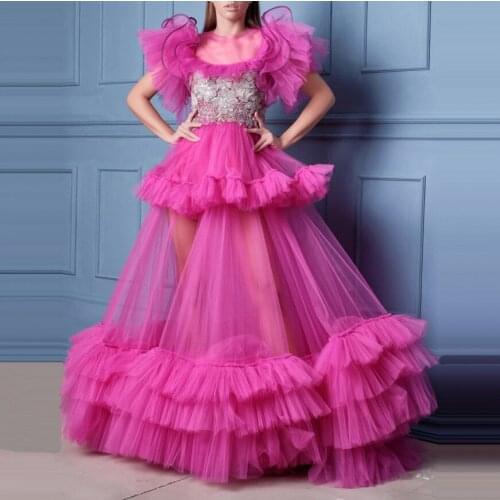 Hot Pink Sheer Tulle Dresses Prom Party Women выпускное платье A-line Ruffles Capped Sleeves Plus Size Evening Gowns