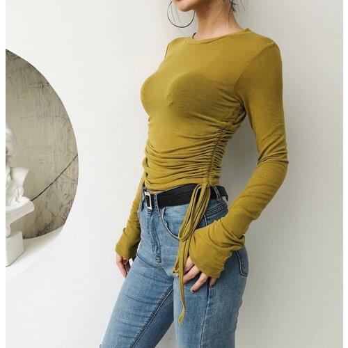 Side Drawstring Ruched T-Shirt Women O-Neck Long Sleeve Casual Slim Fit Top Tee