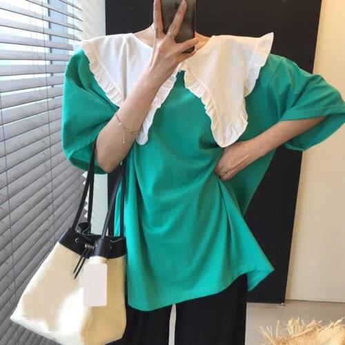 Sannian Women T Shirt Summer Candy Color Large Lapel Contrast Stitching Loose Solid Color Short-sleeved T-shirt Women Clothes