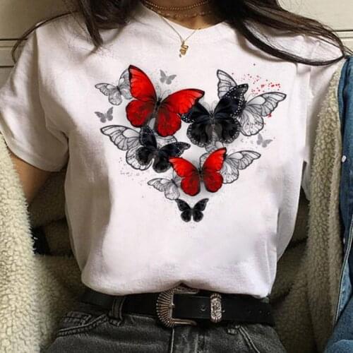 Harajuku Women T Shirt Red and Black Butterfly Print Tshirt Heart T Shirt Female Short Sleeve Tops Tee Fashion Women T-shirts