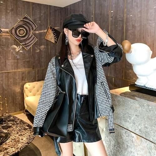 Autumn 2021 Women Streetwear Fashion Faux PU Leather Stitching Lattice Plus Size Motorcycle Jacket With Belt Veste Cuir Femme