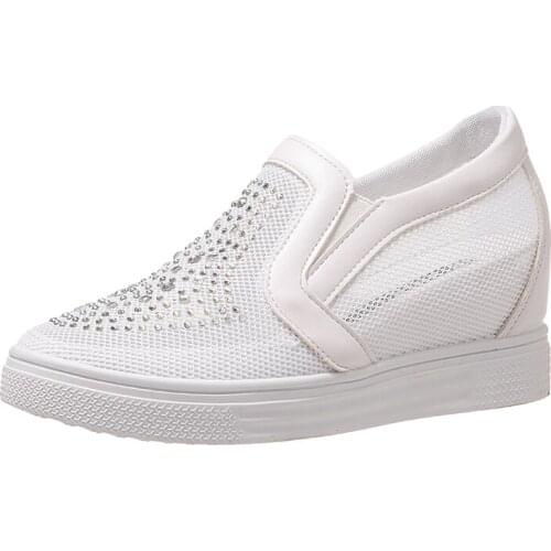 Inner Heightening Ladies Single Shoes Summer Hot Sale Exquisite Rhinestone Shallow Mouth Gauze Breathable Casual Sneakers