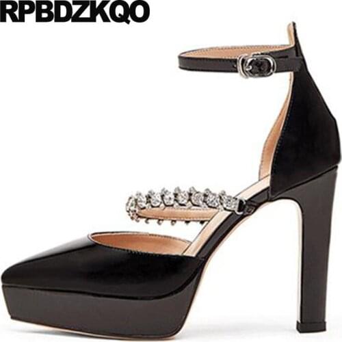 Extreme thick nude platform heels black crystal shoes high ladies pumps ultra pointed toe quality exotic dancer ankle strap new
