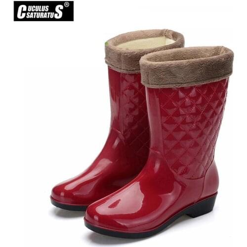 Cuculus Women Tall Rain Boots Ladies Low Hoof Heels Waterproof Graffiti Buckle High Nubuck Round Toe Rainboots Fashion 802