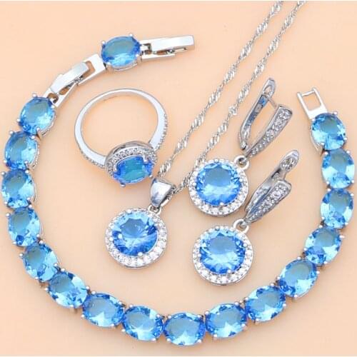 Sky Blue Crystal 925 Sterling Silver Jewelry Sets Decorations For Women Earrings Kits Party Gift For Her Dropshipping