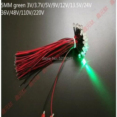 Led 3V 3.7V 5V 9V 12V 13.5V 24V 36V 48V 110V 220V 5mm green Lamp bead 19cm wire Round head light 10pcs