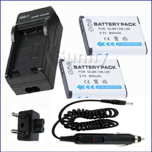 Battery (2-Pack) + Charger for Sanyo DB L80, DB-L80, DB-L80U, DB-L80AU Lithium Ion Rechargeable 3.7V,900mAh