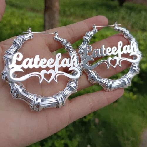 Large Bamboo Earrings Party Name Earrings Personalized Bamboo Heart Hoop Earring Brincos Customize Name Earring Polplar Cережки