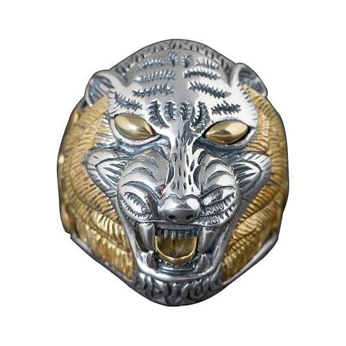Two Tone 925 Sterling Silver Tiger Head Ring with Stone for Men Boys,Adjustable Size 8.5-10.5,Free Shipping