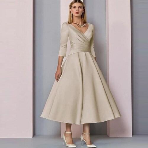 Elegant Mother Of The Bride Dresses For Wedding Party A Line Tea Length V Neck Plus Size 3/4 Sleeves Green Bridegroom Dress