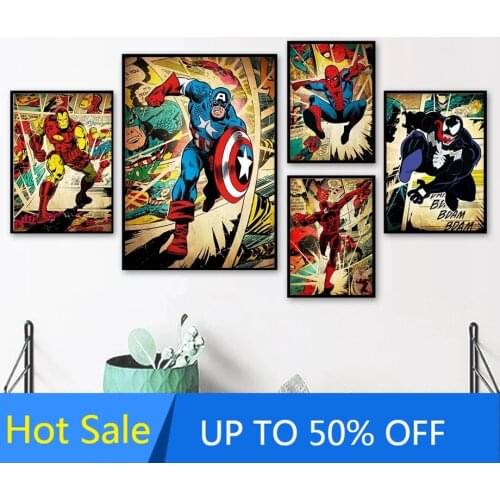 Marvel Superhero Comic Canvas Painting Wall Art Spiderman Avengers Retro Poster Picture for Living Room Decoration Home Decor