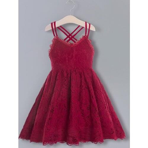 Girls Red Dress Sling Vest Summer Sleeveless Princess Tutu Sundress For Kids Lace Flower Elegant Party Wedding Children Clothes