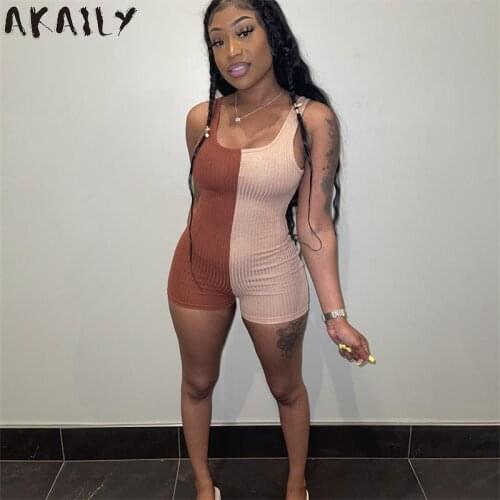 Akaily Summer Streetwear Patckwork Sleeveless Rompers Casual Womens Jumpsuit Shorts Ribbed Bodycon Playsuit Female One Piece