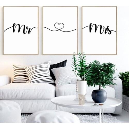 Minimalist Simple Black And White Love Phrase Mr. Mrs. Decorative Canvas Paintings Posters Wall Art Picture For Home Decor