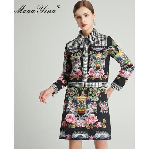 MoaaYina Fashion Designer Set Spring Womens Long sleeve jacket Tops+Anime Floral-Print Short skirt Black Two-piece sets
