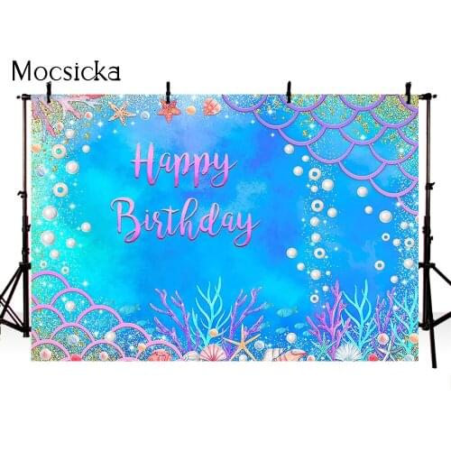 Mocsicka Happy Birthday Under the Sea Photography Background Newborn Kids Portrait Photo Background Mermaid Theme Birthday Decor