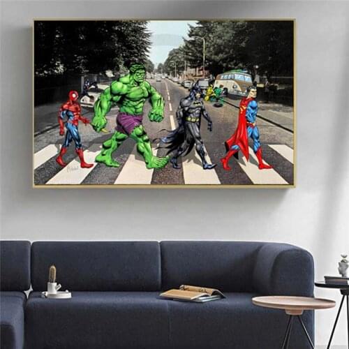 Cartoons Funny Marvel Superheroes on The Road Hulk Wall Art Poster and Prints Canvas Painting Wall Art Pictures Home Decoration