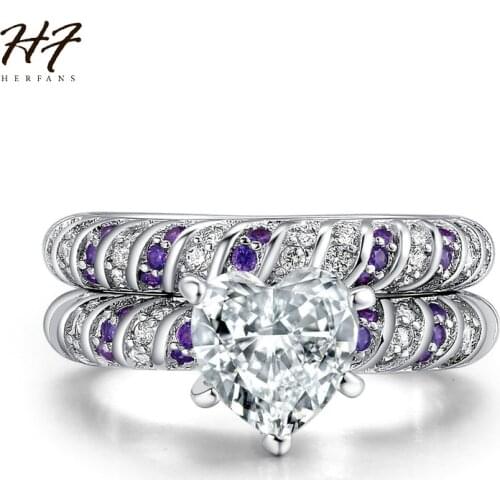 Romantic Heart Shaped 2 Pieces Ring Sets for Women Sliver Color AAA+ Cubic Zirconia Wedding Fashion Jewelry Xmas Gift DD027