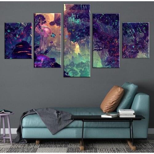 Canvas Printed Poster Wall Art Frame 5 Pieces Colorful Glowing Forest Fantasy Painting Home Decor Modular Mushroom Tree Pictures