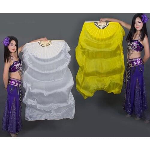 Single pure color Belly Dance 100% real silk Fan Veils for Women/Kids Professional Stage Performance dancing Fans Black/Red