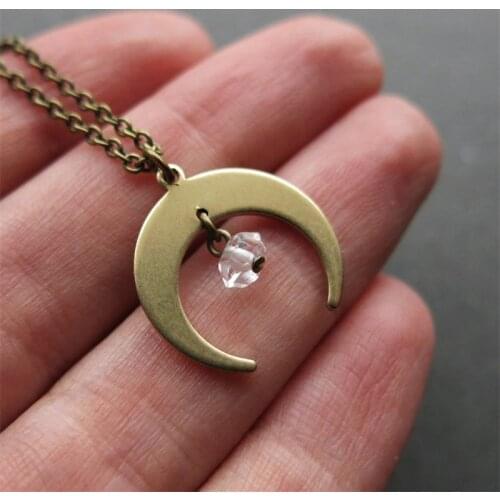Crescent Moon Crystal Necklace Herkimer Necklace Moon Jewelry Natural Clear Quartz Crystal Choker- Boho Crescent Moon Necklace