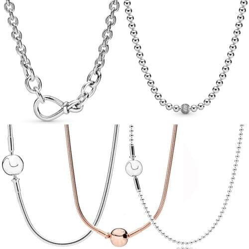 100% 925 Sterling Silver Beads & Pave Chunky Infinity Knot Sphere Clasp Essence Necklace Fit Pandora Charm Trendy DIY Jewelry