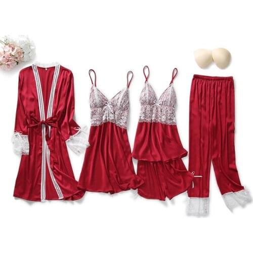 Spring Sexy Lace Trim 5/3/2 Pcs Homewear Silk Elegant Women Pajamas Long Sleeve Top Elastic Waist Pants Lounge Sleepwear Set