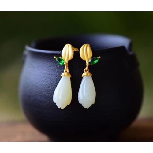 Hetian Jade Earrings Classical Chinese Style S925 Sterling Silver Inlaid Gold-Plated Hetian Jade White Jade One Leaf Magnolia Ea