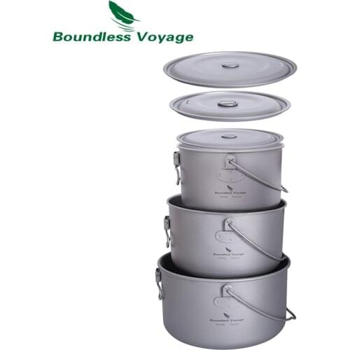 Boundless Voyage Titanium Hanging Pot Lightweight Camping Kitchen Cookware Outdoor Kettle Bowl Cooking Kit with Lid 1.3Ll / 2.9L
