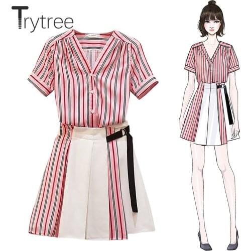 Trytree 2020 Summer Women Two Piece Set Casual V-neck Single Breasted Stripe Tops + Skirt Pleated Mini Fashion Sweet 2 Piece Set