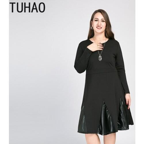 TUHAO Mother Mom Elegant Black Patchwork PU Dress Plus Size 8XL 7XL 6XL 5XL 4XL Long Sleeve Dresses High Waist Party Dress WM34