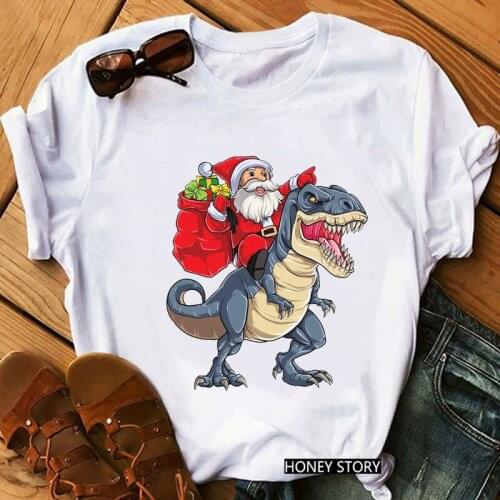 FIXSYS Santa Claus Riding A Dinosaur Print Female Tee Shirt Merry Christmas Ulzzang T Shirt Women/Men Suitable All Seasons Tops