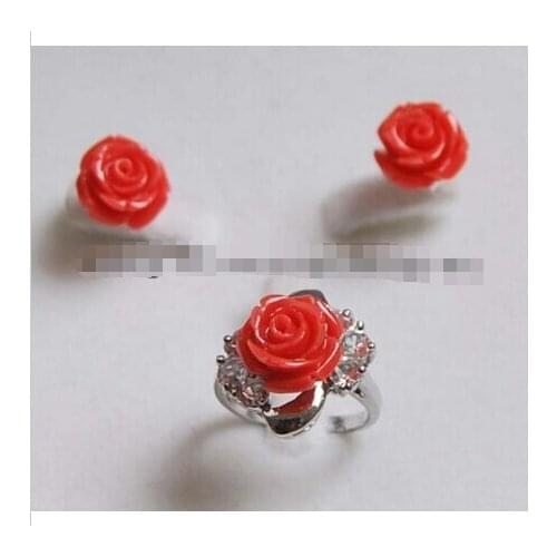 Womens Hair full wigs Charming!12MM Hand Carved Pink Coral Flower Earrings /Ring Set style Fine jewe Noble Natural j