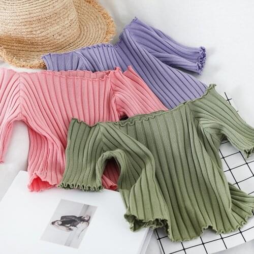 Women T-shirts Off Shoulder Knitting Summer Crop Tops Short Sleeve Stretchy Ruffle Hem Tee shirts WX47