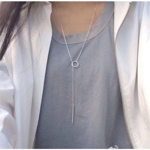 Womens Authentic 925 Sterling silver Open Circle &Straight Lucky Bar pendant "Y" Lariat Sweater Long necklace Fine Jewelry x256