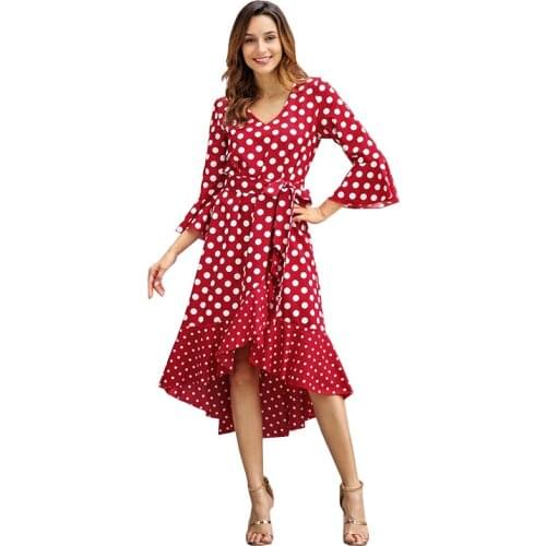 2019 New Spring Sexy V-neck Dot Print dress Fashion irregular bohemian party Mid-Calf Dress Women Tide Vestidos LU581