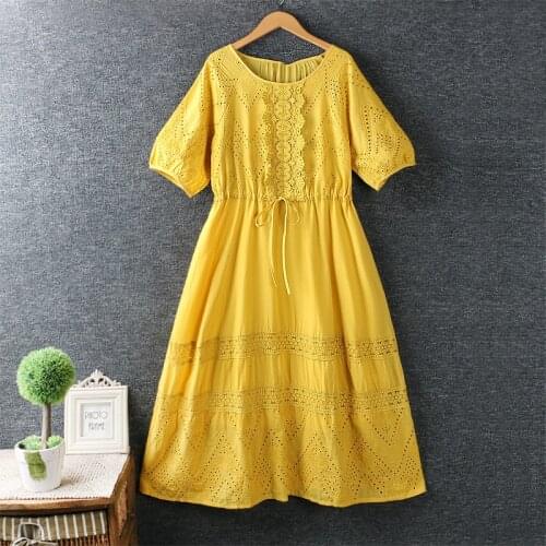 4 Colors-- Lamtrip Retro White Hollow Out Drawstring Embroidery Cotton Lace Lolita Short Sleeve Beach Dress Women 2021 Summer