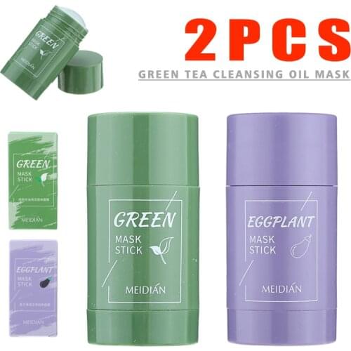 40g 2x Green Tea Purifying Clay Stick Eggplant Solid Mask Oil Control Anti-Acne Deeply Cleaning Water Oil Balance Nourish Skin
