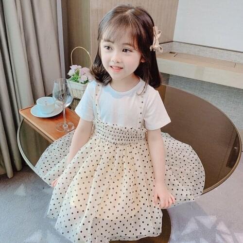 Polka Dot White Summer Girl Chiffon Dress Short Boutique Outfits Flower Girls Dress T Shirt Princess Robe Enfant Clothes BW50DR