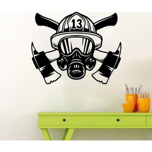 Large Firefighter Mask Helmet Tools Wall Sticker Bedroom Playroom Fire Fighter Hat Ax Wall Decal Boy Room Vinyl Home Decor